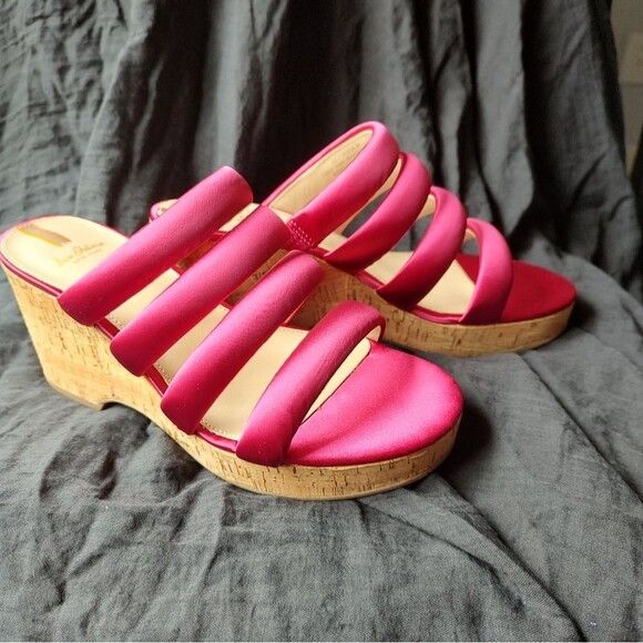 Sam Edelman Puffy Satin Pink Fuschia Strappy Wedge Espadrille Sandals Size 7.5 - Picture 3 of 7